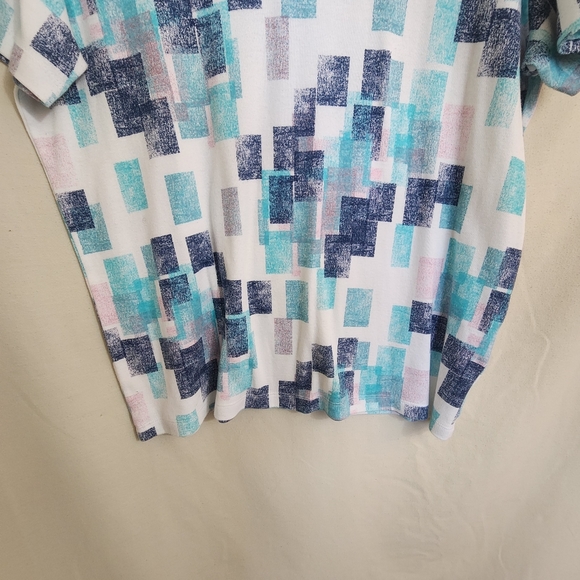 ALFANI Blue & White Square Print Collared Mid Button Short Sleeve Polo Shirt L - Picture 3 of 8
